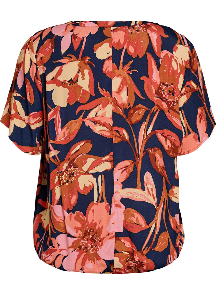 Viskosebluse med blomsterprint og korte &aelig;rmer, Bl&aring;, Packshot image number 1