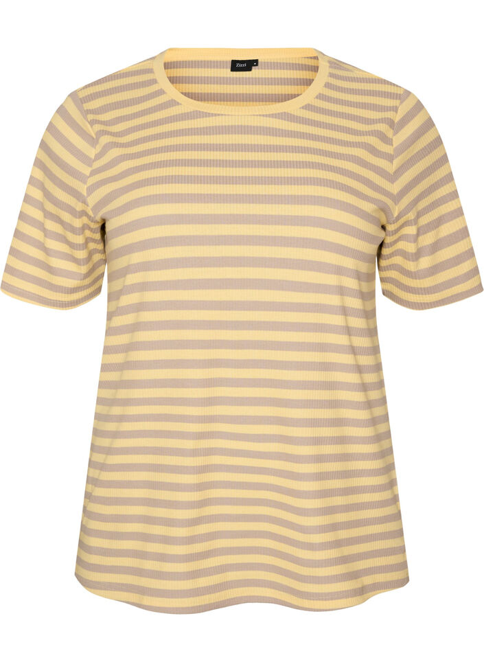 Stribet t-shirt med ribstruktur, Gul, Packshot image number 0