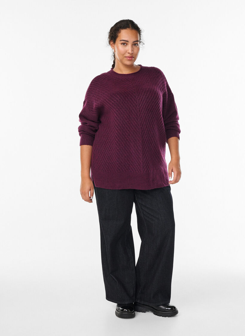 Strikbluse med V-formet ribm&oslash;nster og slidser, Lilla, Model image number 1