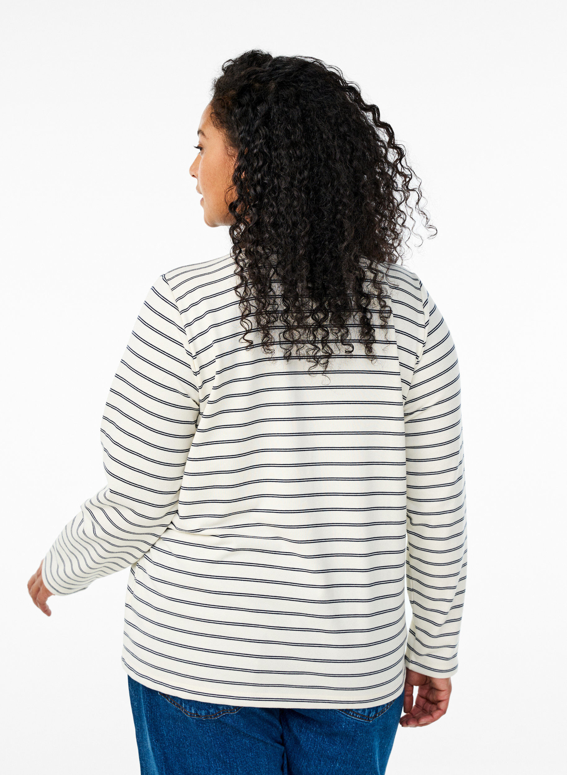 Zizzi Stribet poloshirt med lynl&aring;s, Hvid, Model image number 2