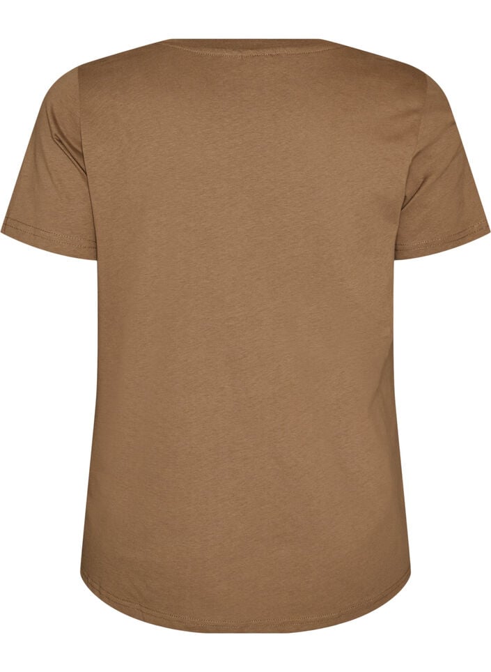 T-shirt i bomuld med frontprint og V-hals, Brun, Packshot image number 1