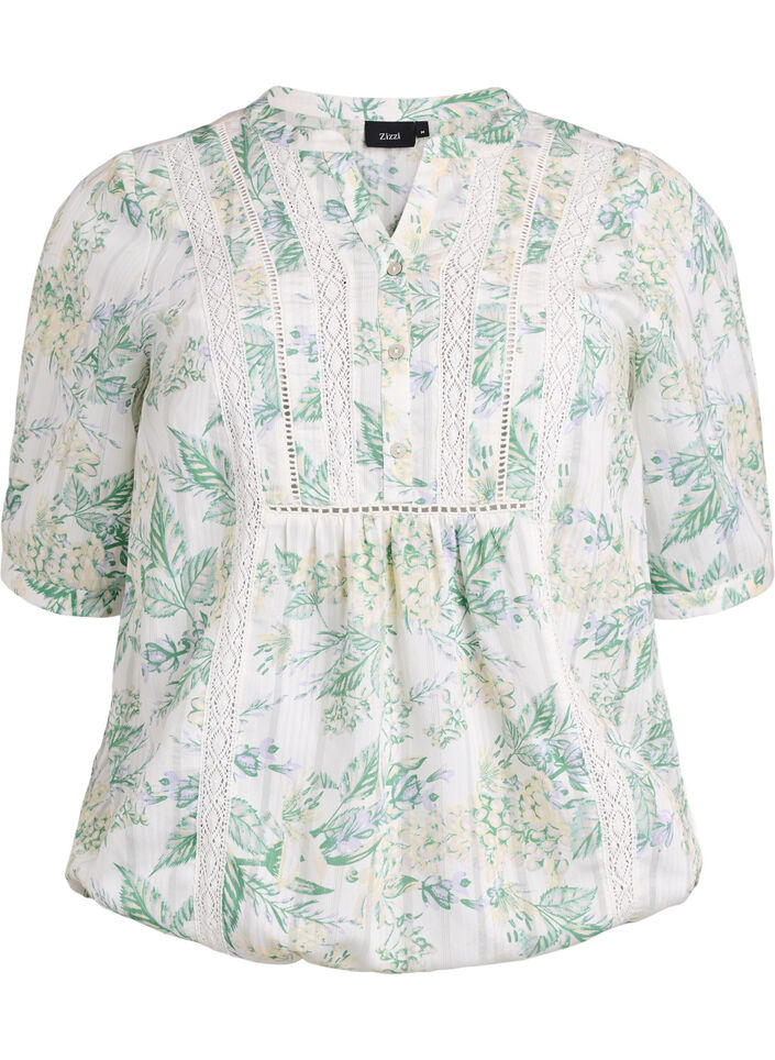 Bluse med print og 1/2 &aelig;rmer, Hvid, Packshot image number 0