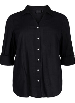 Skjortebluse med knaplukning i bomuldsmix med hør, Black, Packshot image number 0