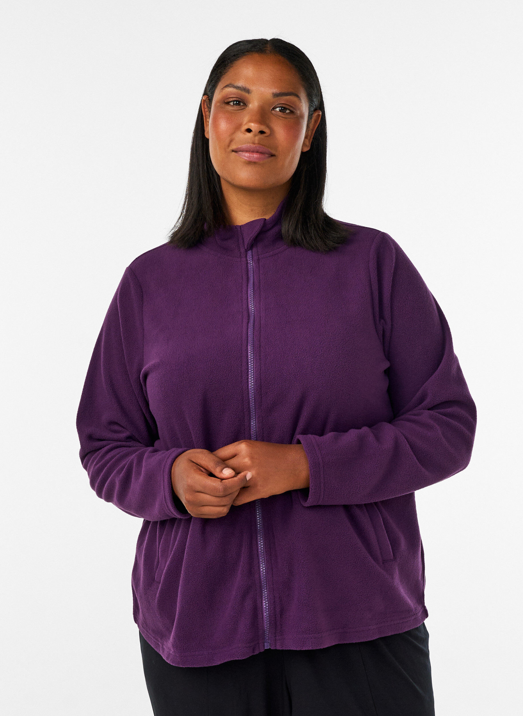 Fleecetr&oslash;je med lynl&aring;s og h&oslash;j krave, Lilla, Model