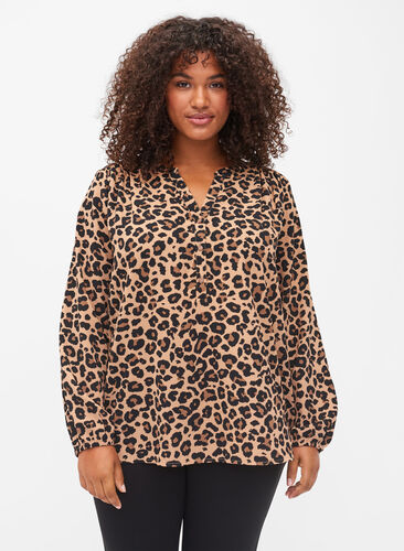 Langærmet bluse med leoprint og v-hals, Leopard, Model image number 0