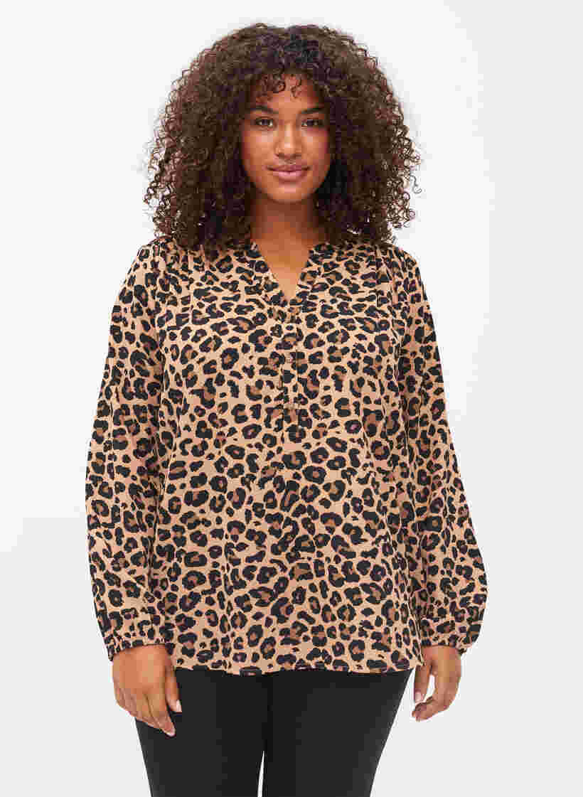 Langærmet bluse med leoprint og v-hals, Leopard, Model