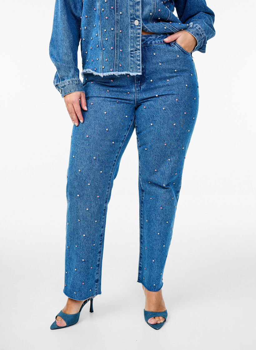 Højtaljede Gemma jeans med rhinsten, Blå, Model image number 2