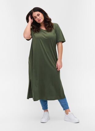 T-shirt kjole i bomuld med slids, Thyme, Model image number 2