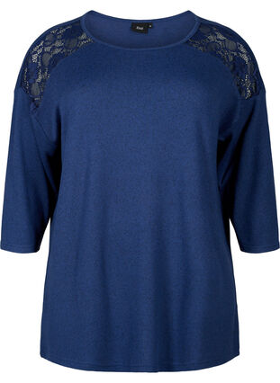 Bluse med 3/4 ærmer og blondedetalje, Medieval Blue Mel., Packshot image number 0