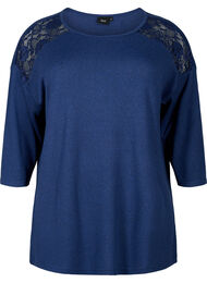 Bluse med 3/4 ærmer og blondedetalje, Medieval Blue Mel.