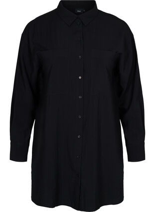 Lang viskose skjorte med lommer og slids, Black, Packshot image number 0
