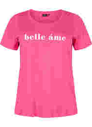 Kortærmet bomulds t-shirt med tekstprint, Fandango Pink
