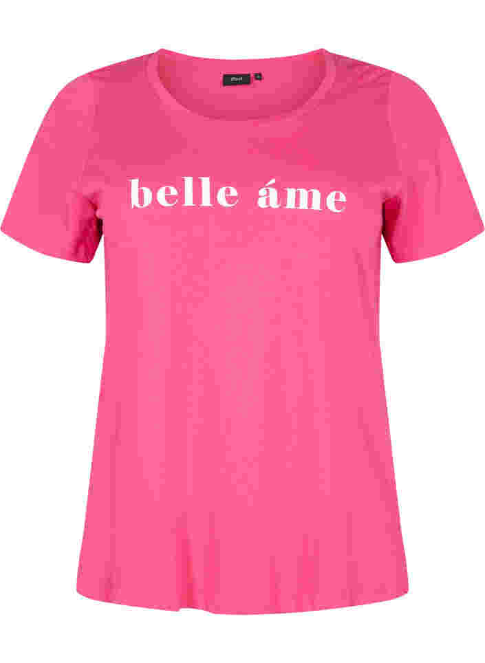 Kortærmet bomulds t-shirt med tekstprint, Fandango Pink