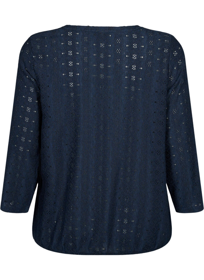 Bluse med broderi anglaise og 7/8 ærmer, Navy Blazer, Packshot image number 1