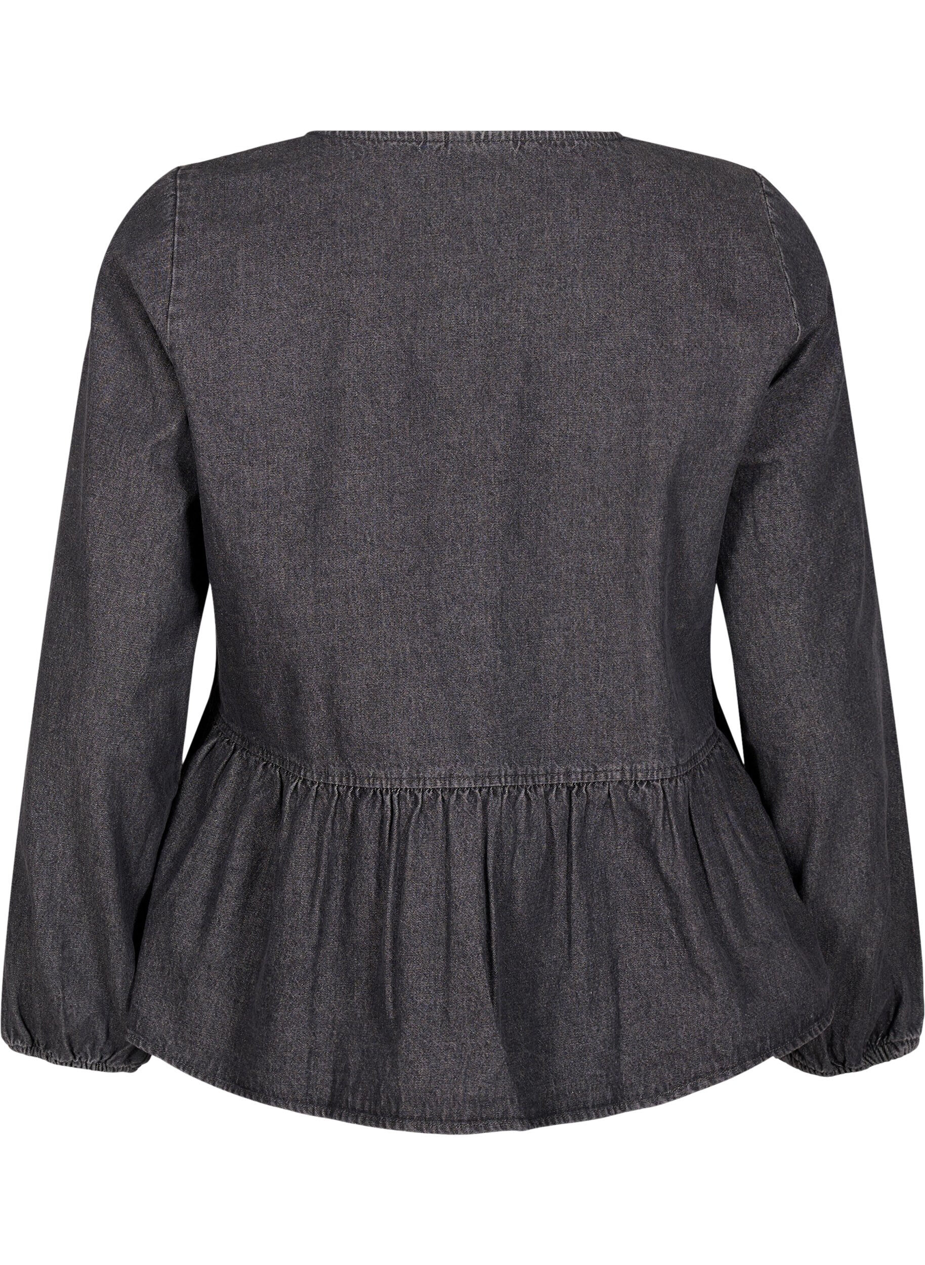 Zizzi Peplum bluse i denim med bindelukning, Gr&aring;, Packshot image number 1