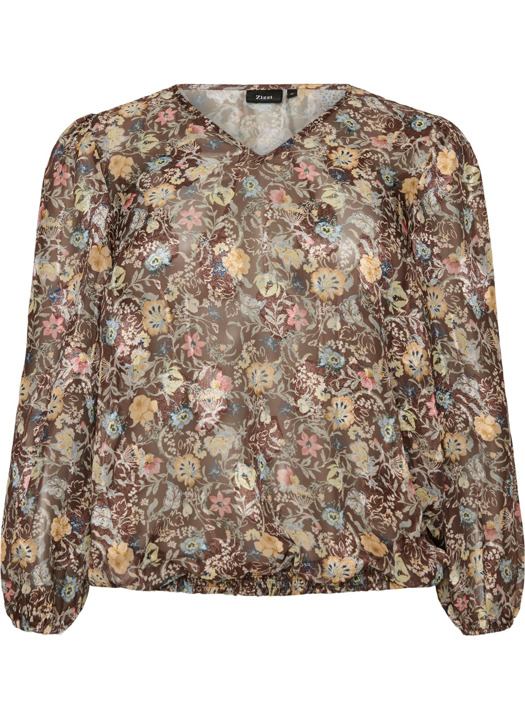 ZizziBluse med blomsterprint og balloneffekt, Brun, Packshot image number 0