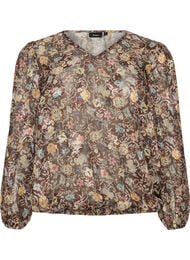 Bluse med blomsterprint og balloneffekt, Brun