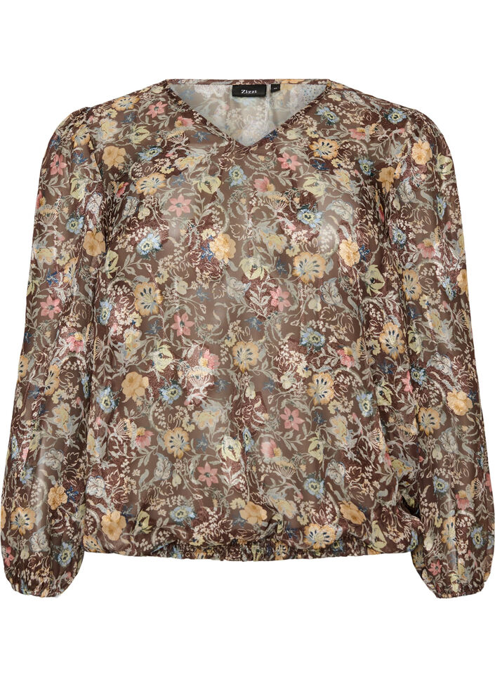 Bluse med blomsterprint og balloneffekt, Brun, Packshot image number 0