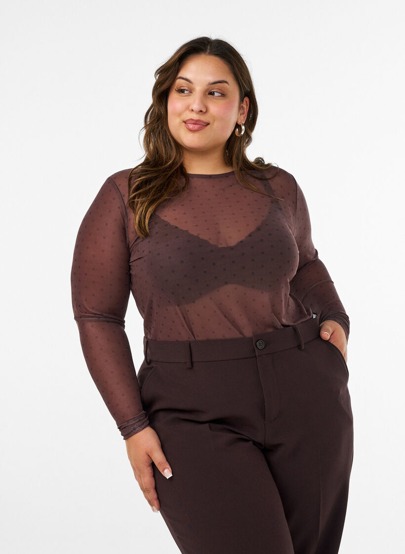 Meshbluse med print, Brun, Model image number 0