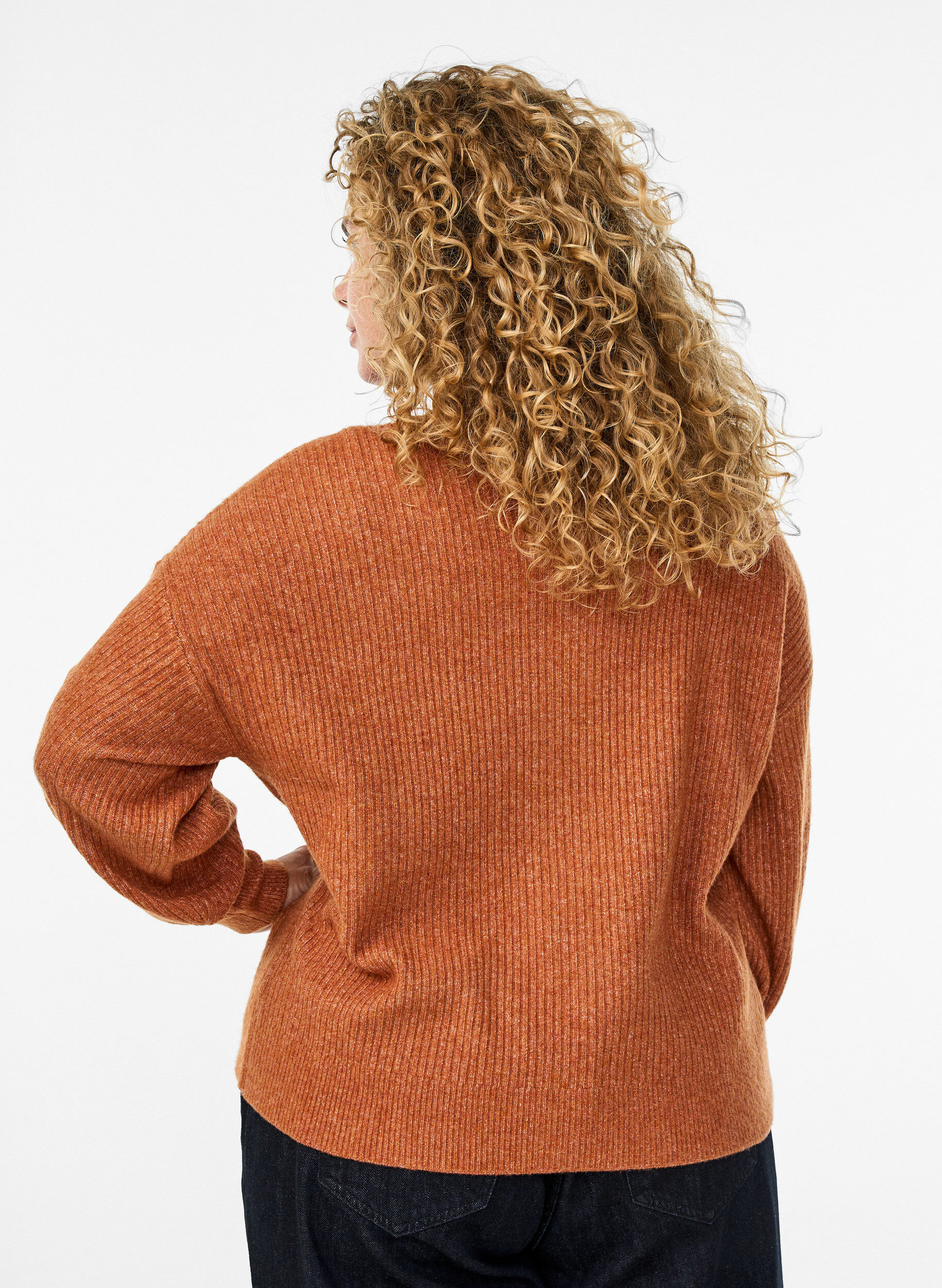 Zizzi Ribstrikket cardigan med knapper, Orange, Model image number 2