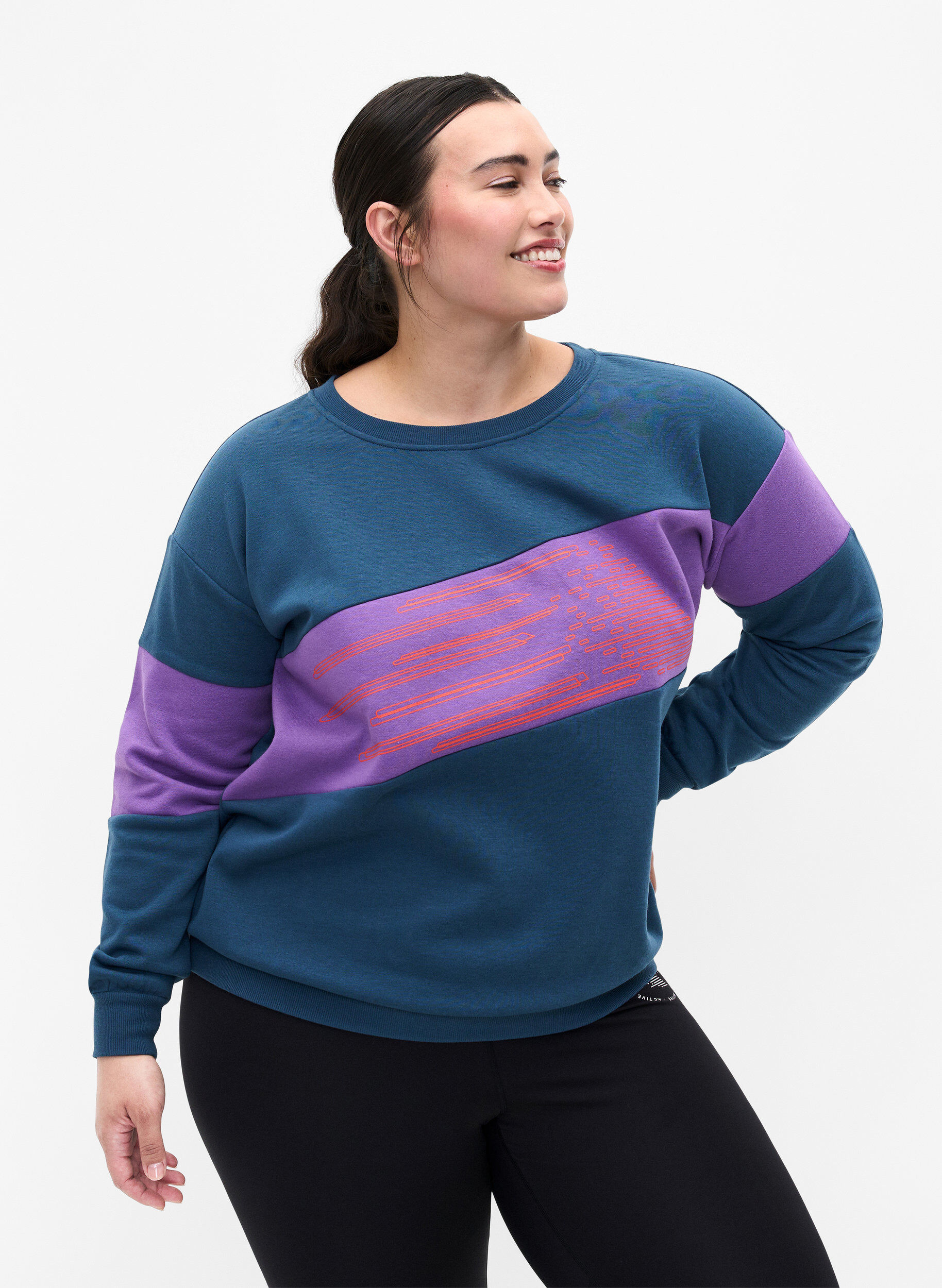 Zizzi Sweatshirt med sporty print, Blue Wing Teal Comb, Model image number 0