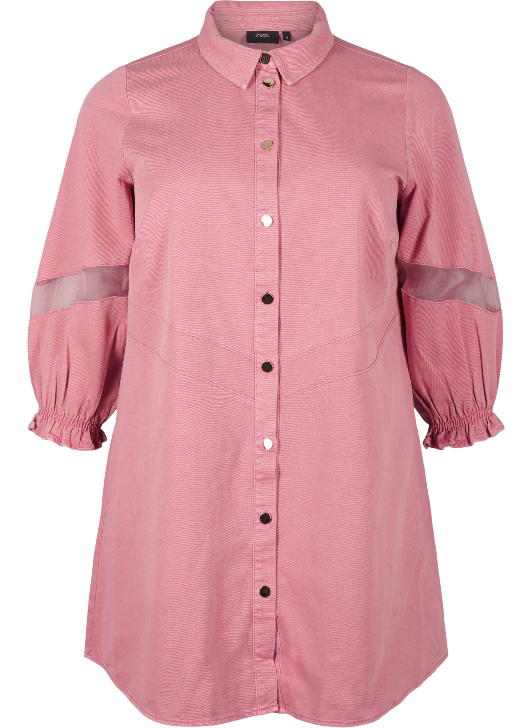 Zizzi Farvet denim skjortekjole med meshdetaljer, Heather Rose, Packshot image number 0