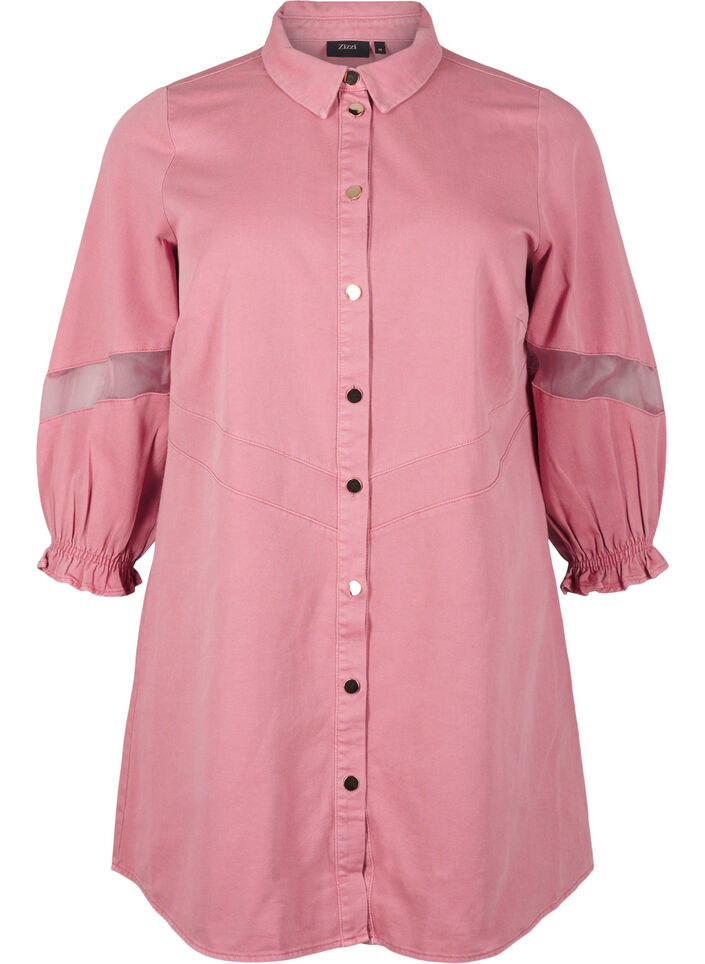 Farvet denim skjortekjole med meshdetaljer, Heather Rose, Packshot image number 0