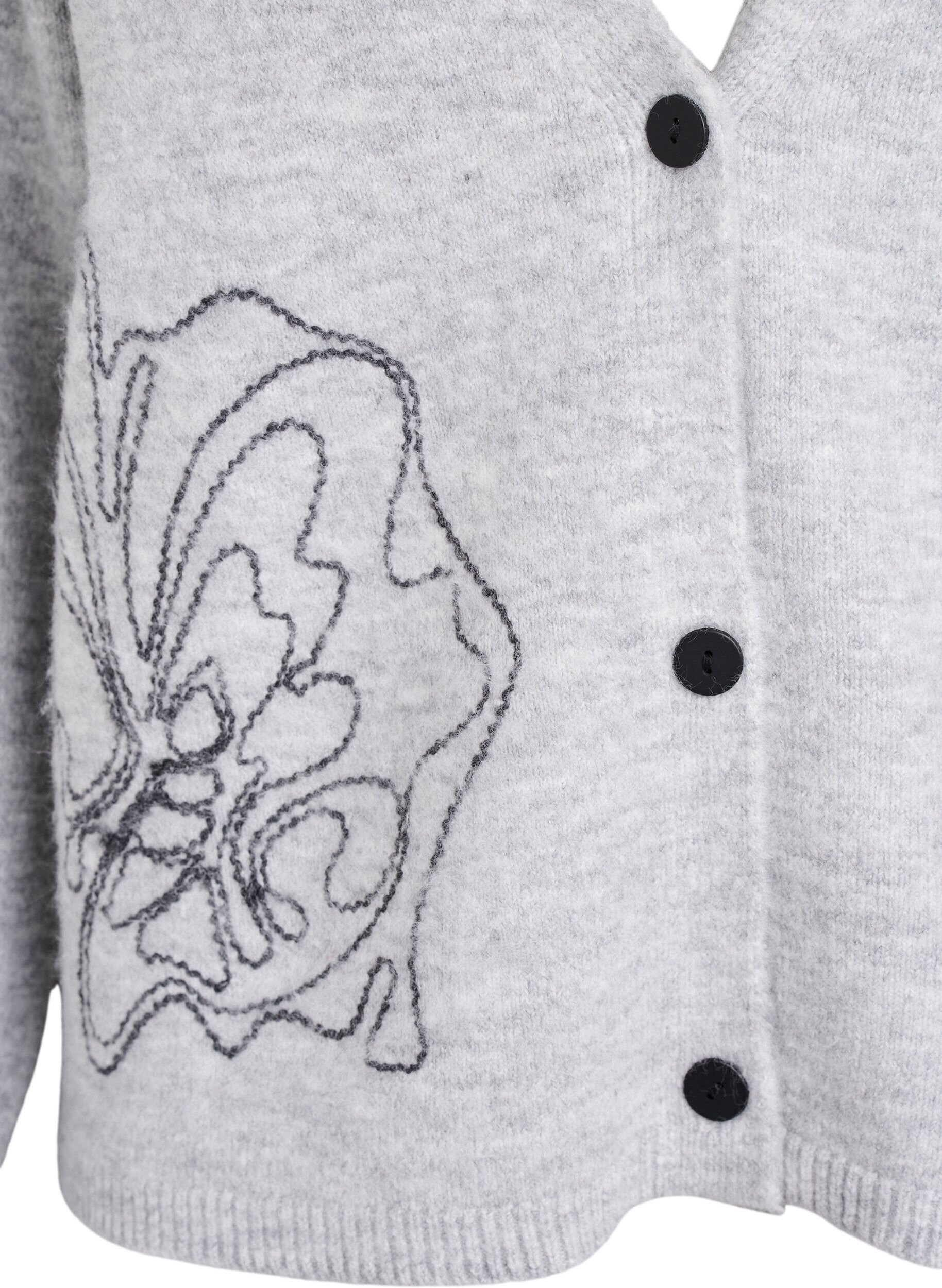 Zizzi Cardigan med V-hals og broderede blomster, Gr&aring;, Packshot image number 2