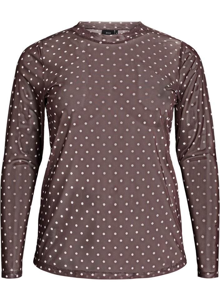 Mesh bluse med prikker, Brun, Packshot image number 0
