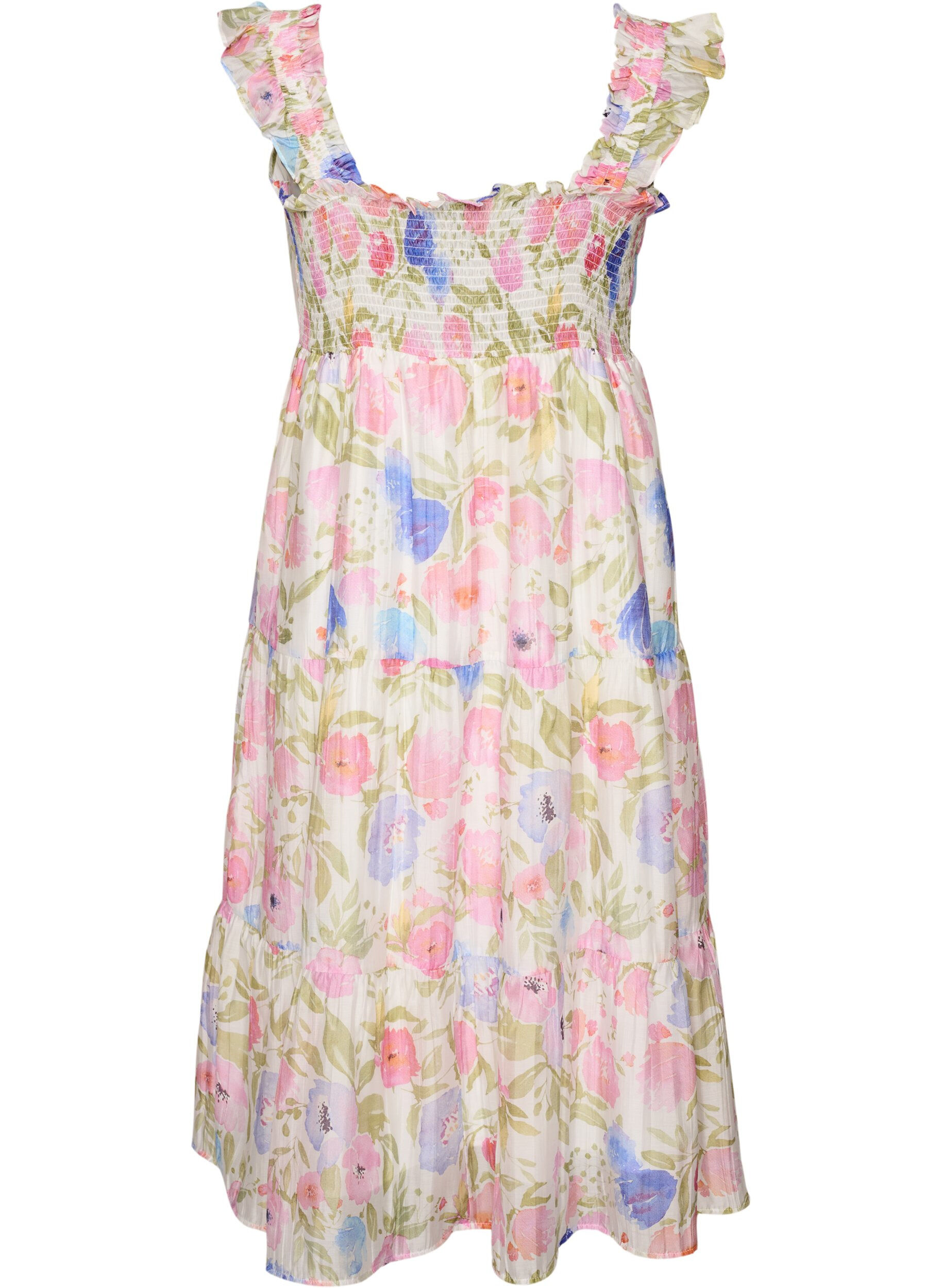 ZizziLang kjole i lyocell med blomsterm&oslash;nster og fl&aelig;ser, Hvid, Packshot image number 1