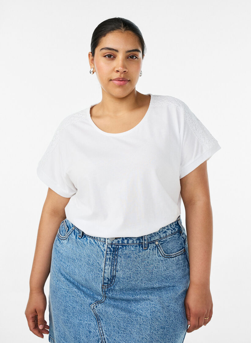 T-shirt i bomuld med crochetdetalje, Hvid, Model image number 0
