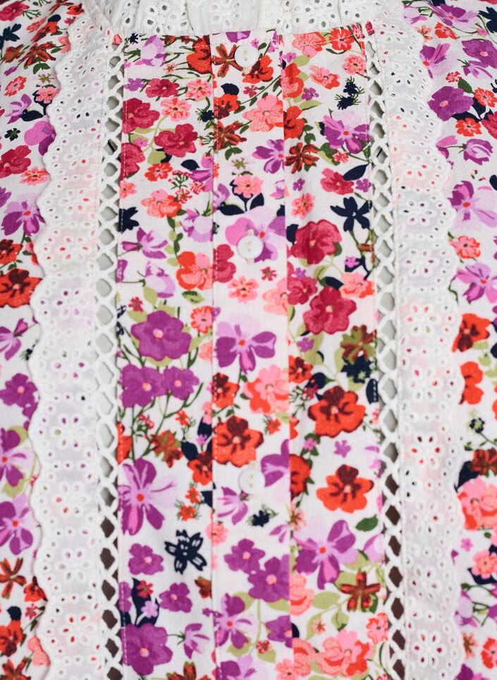 &AElig;rmel&oslash;s bomuldsbluse med blomsterprint og broderie anglaise, Lyser&oslash;d, Packshot image number 2