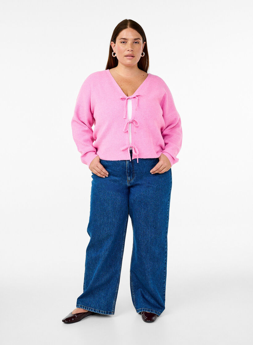 Strikcardigan med bindebånd, Begonia Pink Mel., Model image number 2
