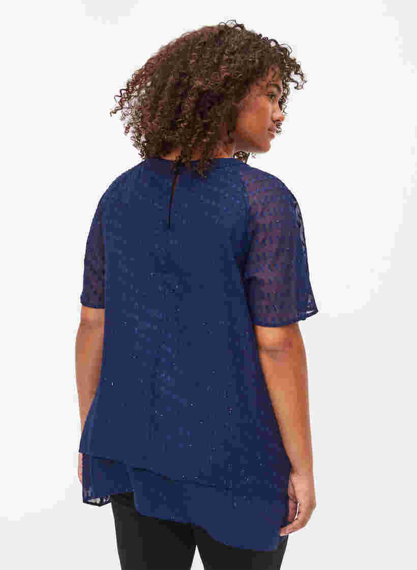 Bluse med 2/4 ærmer i mønstret chiffon, Evening Blue, Model image number 1
