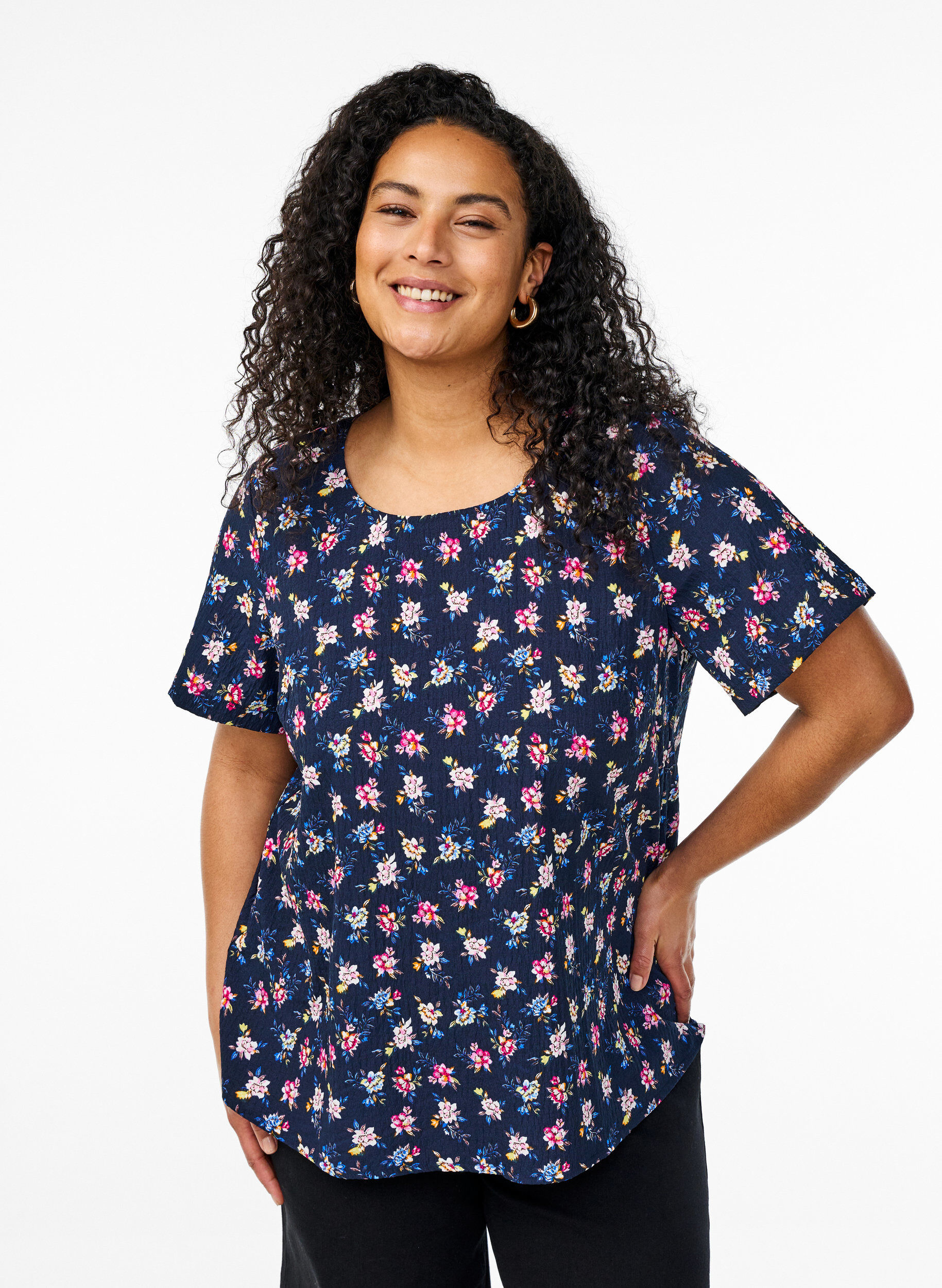 Zizzi FLASH - Kort&aelig;rmet bluse med tekstur, Bl&aring;, Model image number 0