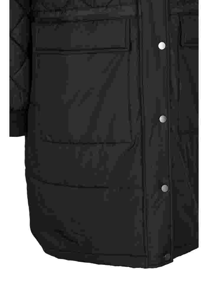 Quiltet jakke med hætte og justerbar talje, Black, Packshot image number 3