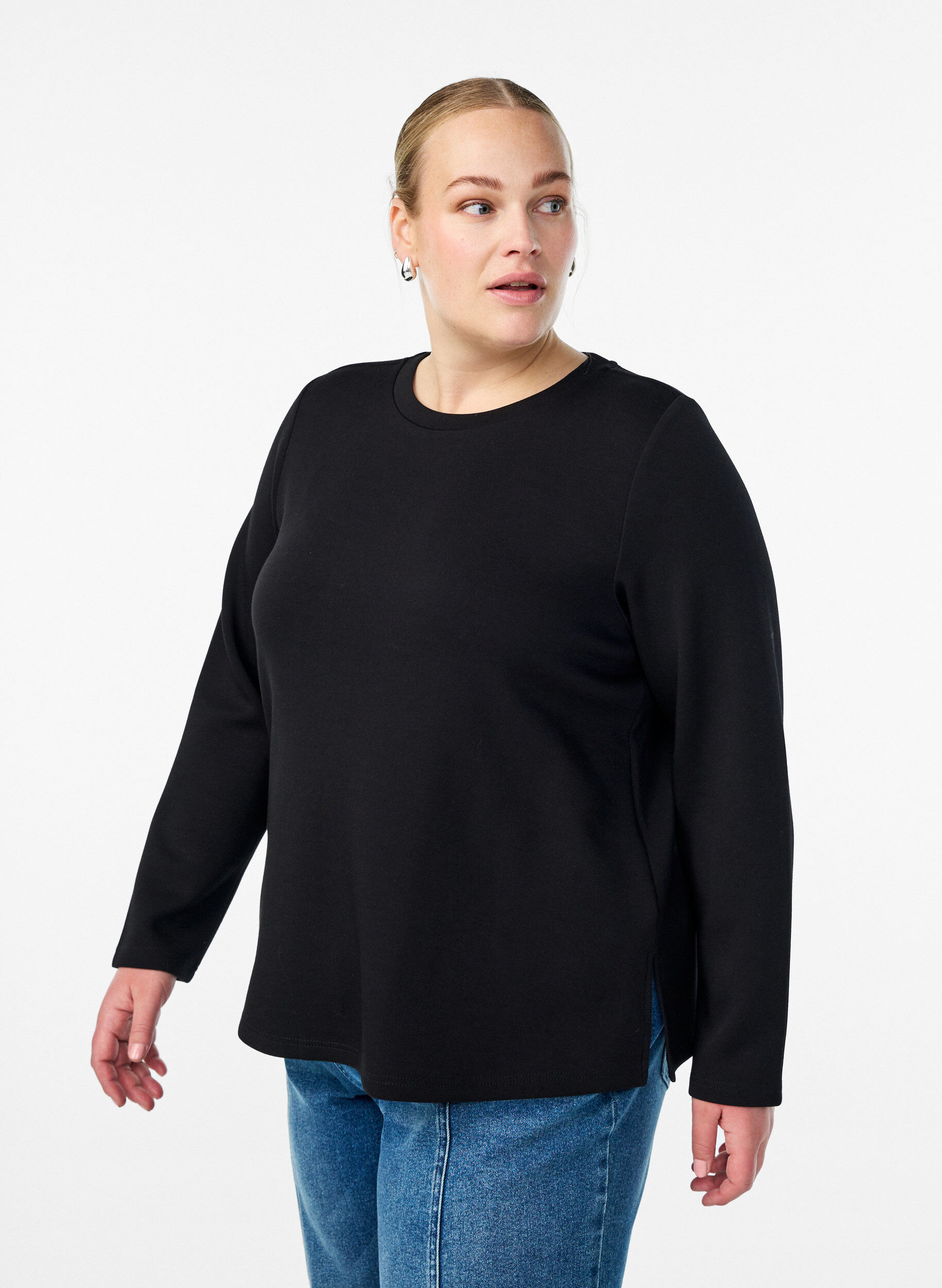 Jerseybluse med rund hals, Sort, Model