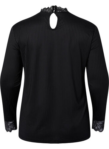 Bluse med blonder og lange ærmer, Black, Packshot image number 1