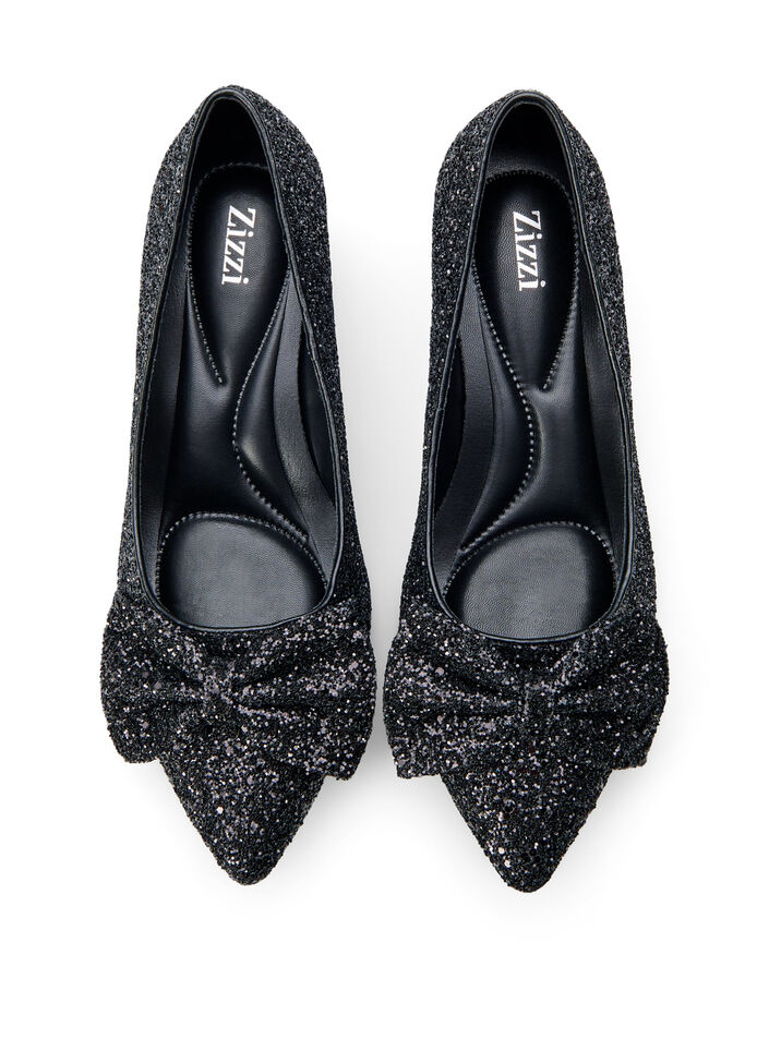 Wide fit - Glitter pump med sløjfe, Sort, Packshot image number 2