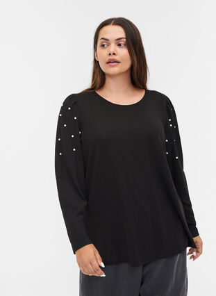 Langærmet bluse med perler, Black, Model image number 0