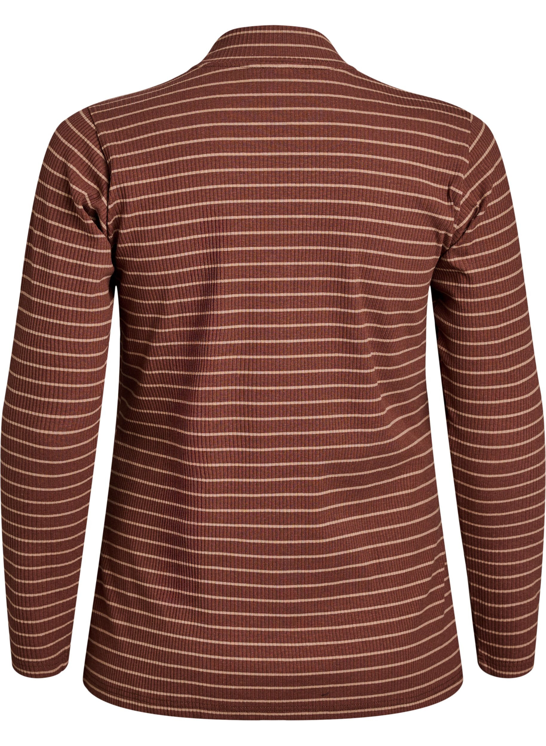 Zizzi Stribet jerseybluse i ribkvalitet med h&oslash;j hals, Brun, Packshot image number 1