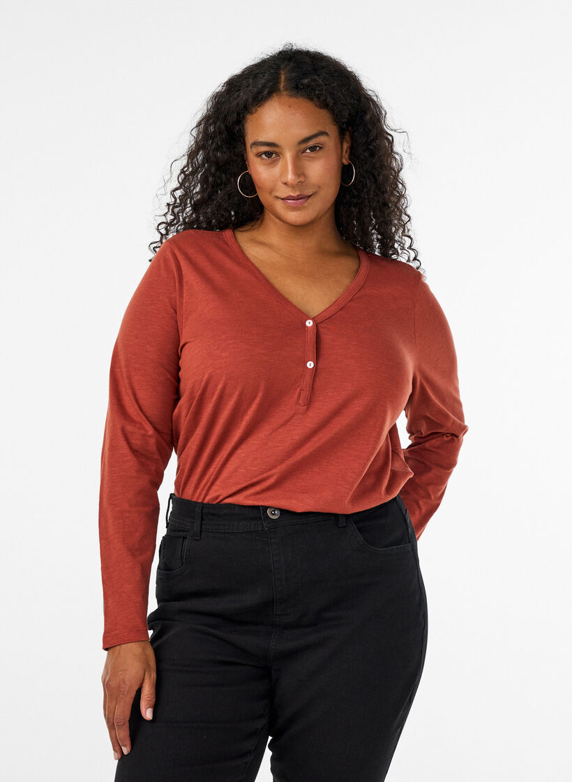 Lang&aelig;rmet t-shirt med V-hals og knapper, Brun, Model image number 0