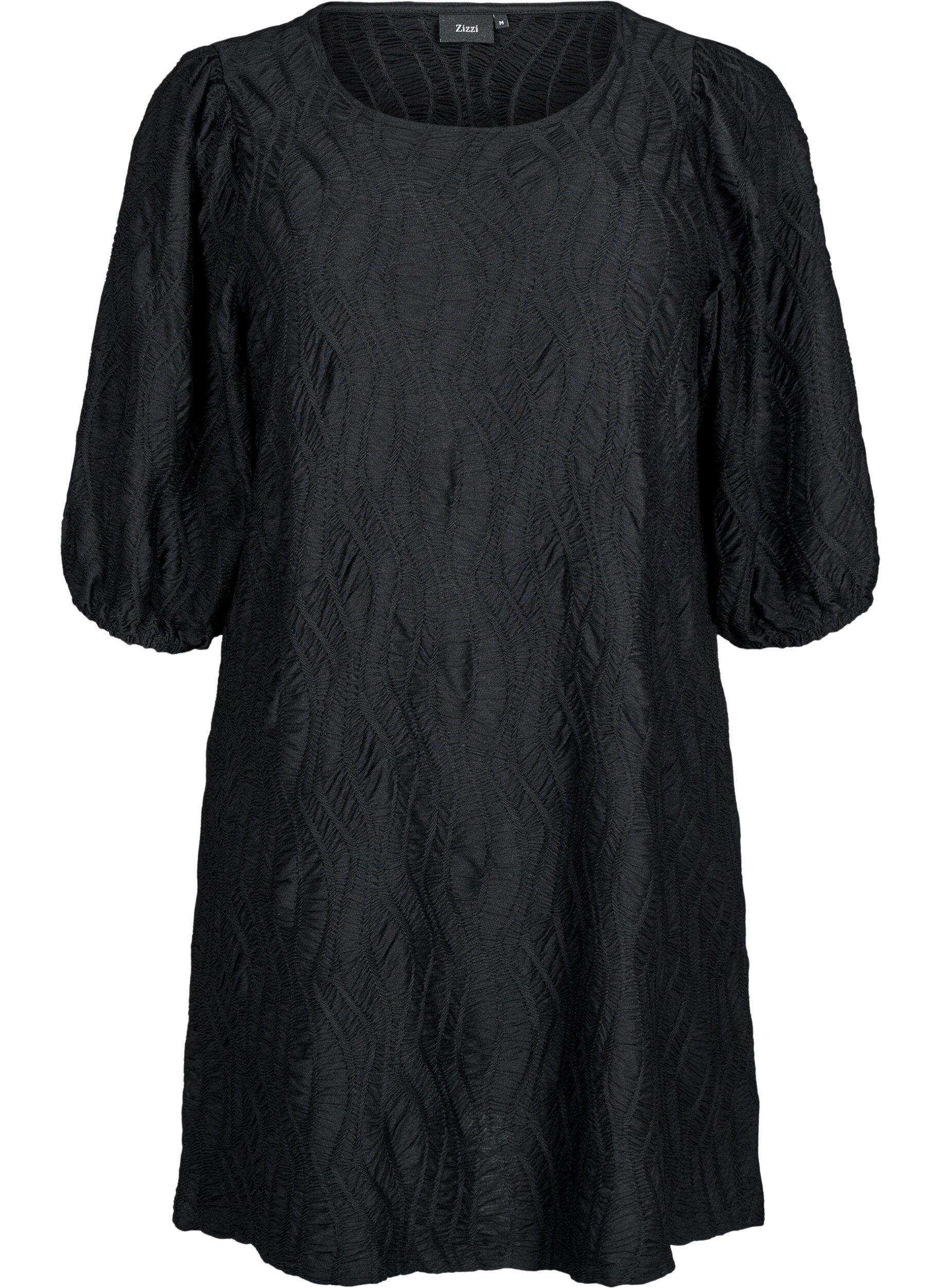 Zizzi Kort kjole med tekstur og 3/4 &aelig;rmer, Sort, Packshot image number 0