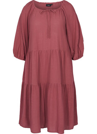 Bomulds kjole med 3/4 ærmer og bindedetalje, Wild Ginger, Packshot image number 0