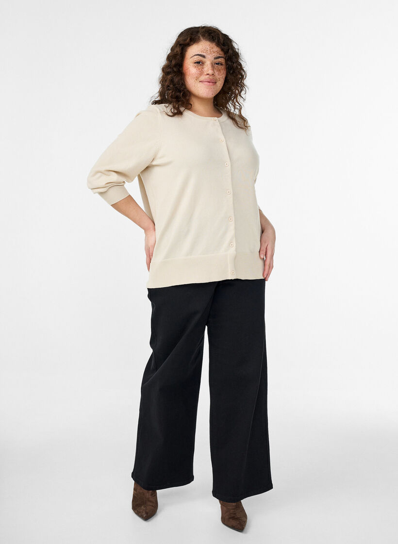 Finstrikket cardigan med rund hals, Beige, Model image number 1