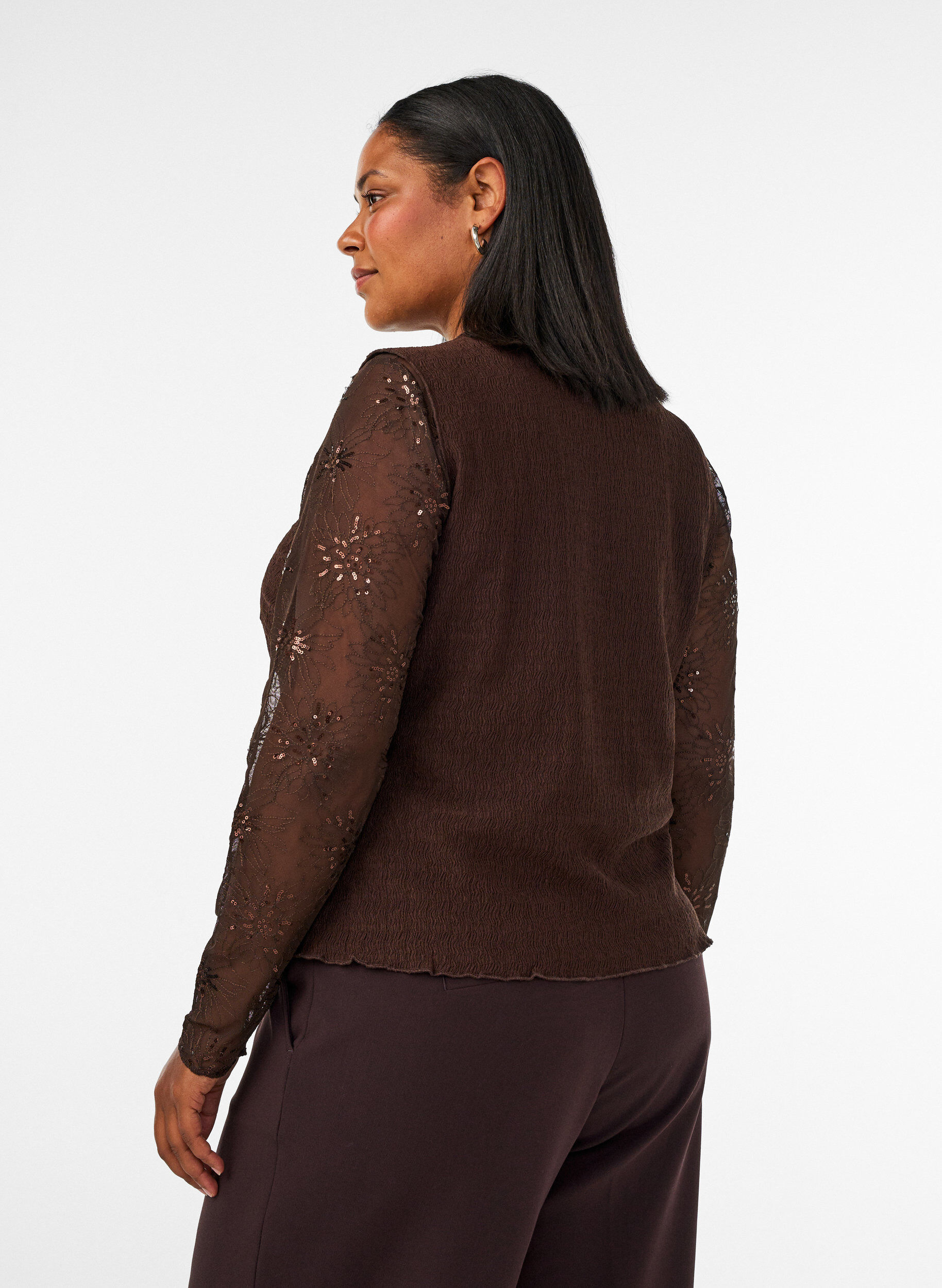 ZizziMeshbluse med blomster og pailletter, Brun, Model image number 2