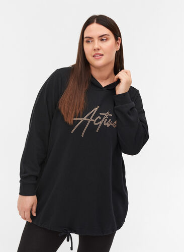 Sweatshirt med hætte og justerbar bund, Black, Model image number 0