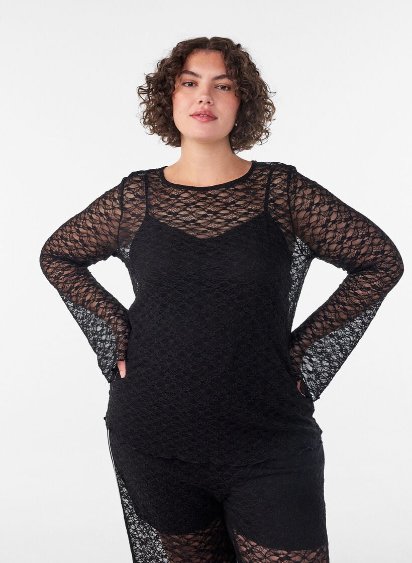 Transparent blondebluse med lange &aelig;rmer, Sort, Model image number 0