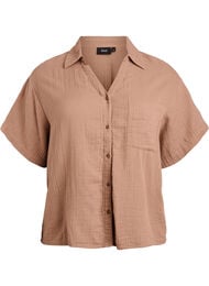 Skjortebluse i bomuldsmusselin med korte &aelig;rmer, Brun