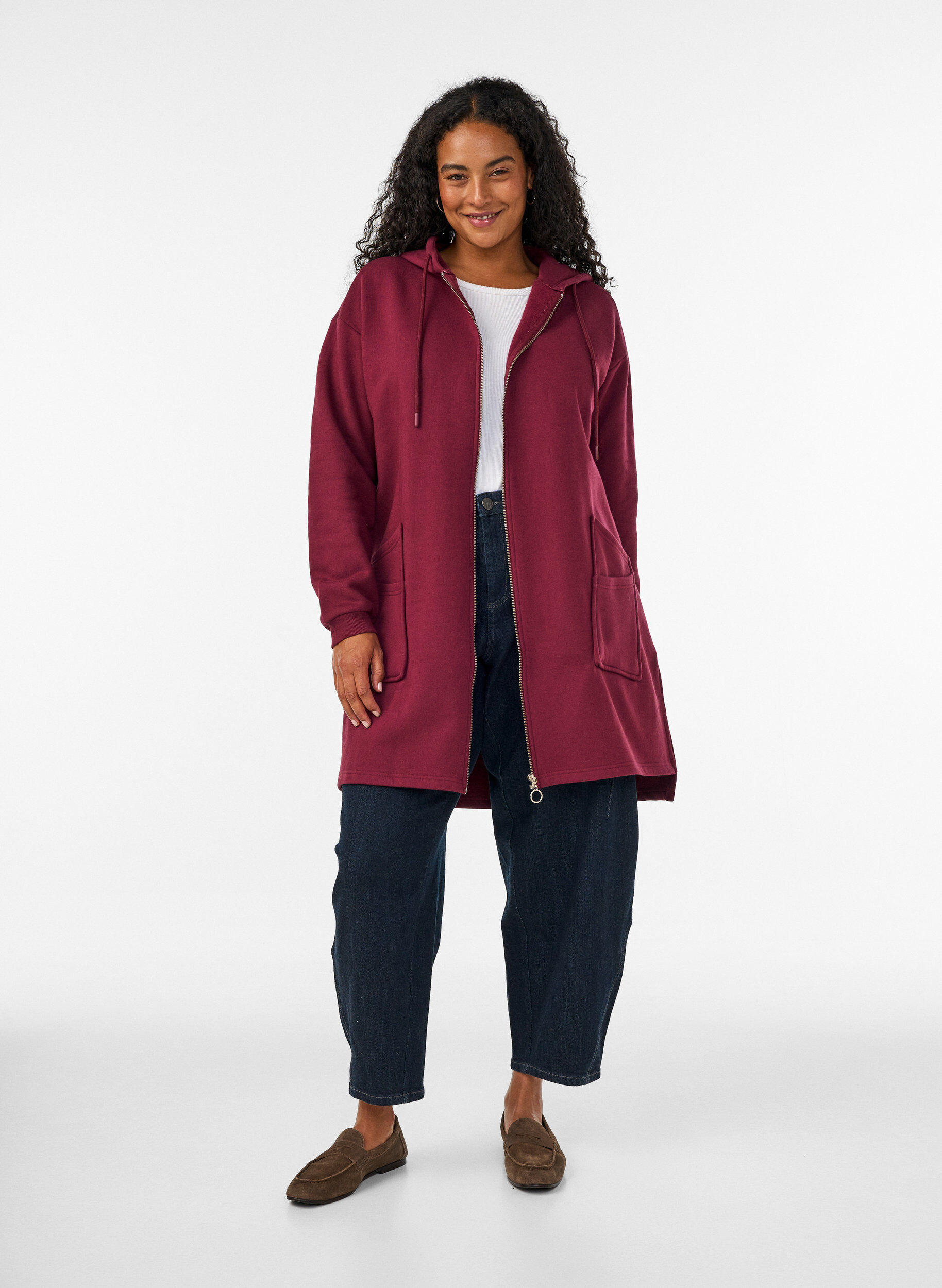 ZizziLang hoodie-cardigan med lynl&aring;s, R&oslash;d, Model image number 1